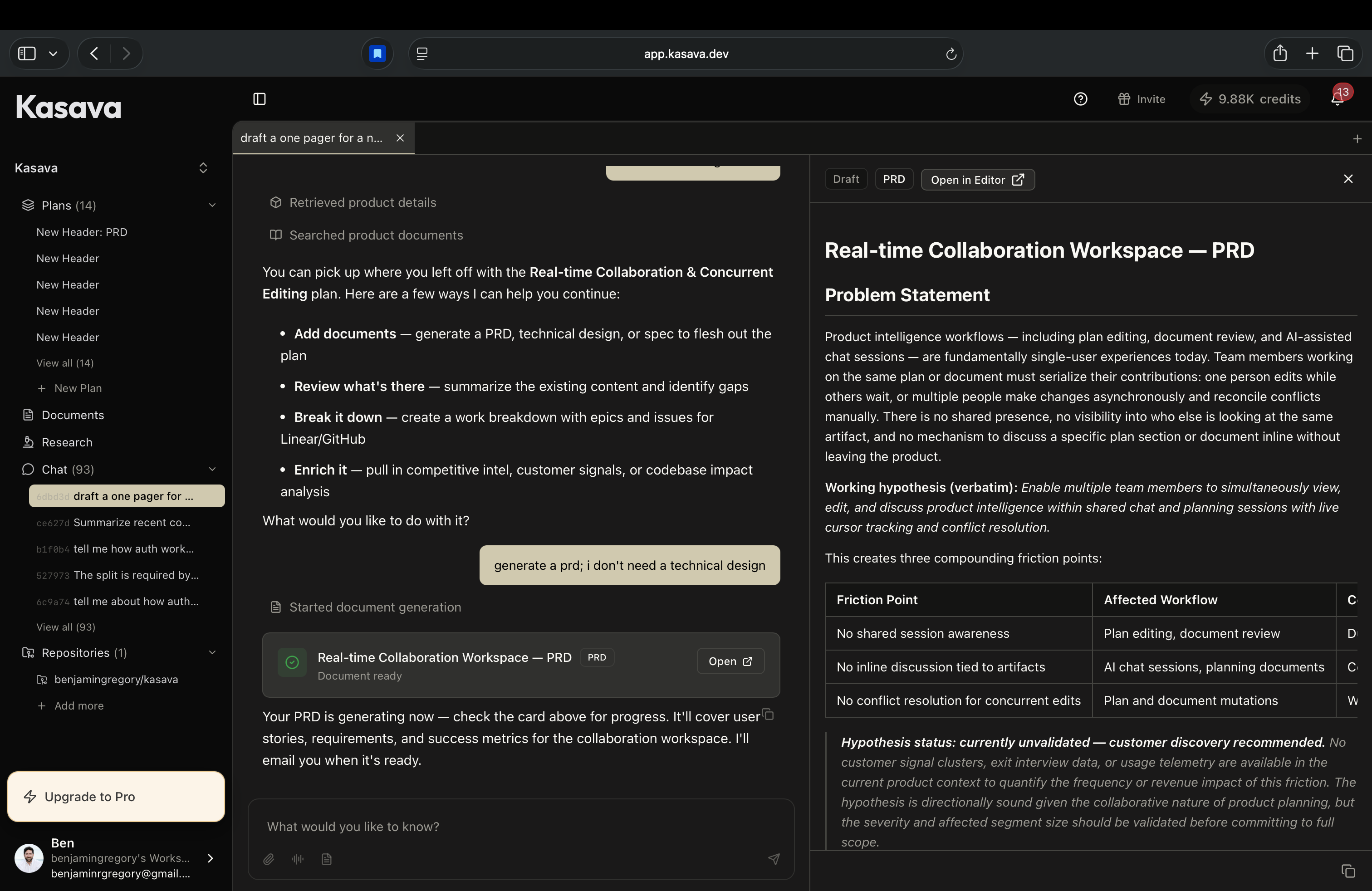 Kasava chat drafting a one-pager PRD with document editor