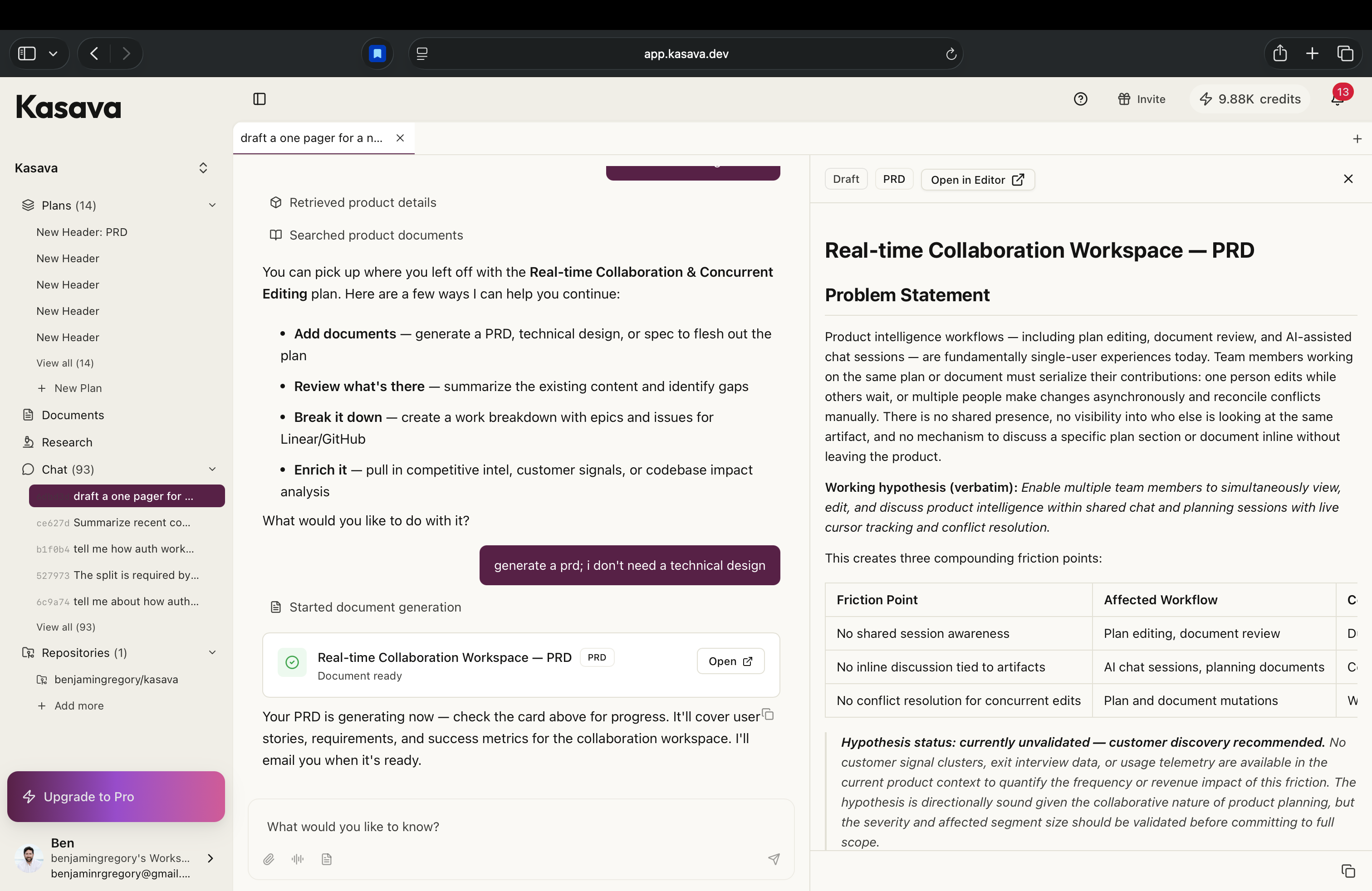 Kasava chat drafting a one-pager PRD with document editor
