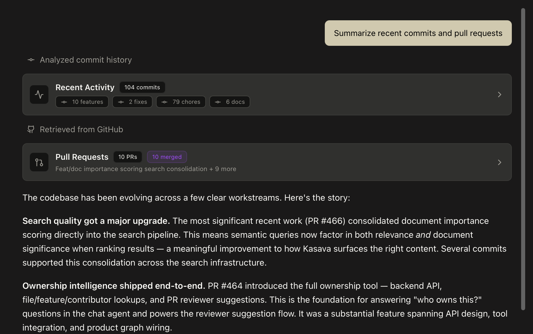 Kasava chat summarizing recent commits and pull requests