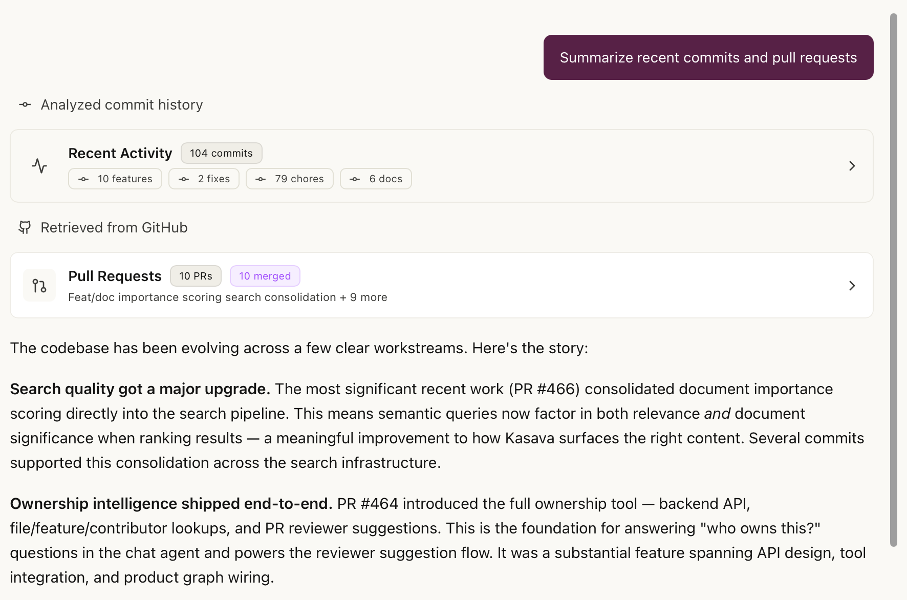 Kasava chat summarizing recent commits and pull requests