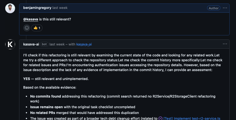 Kasava replying inside a GitHub PR with cited file paths