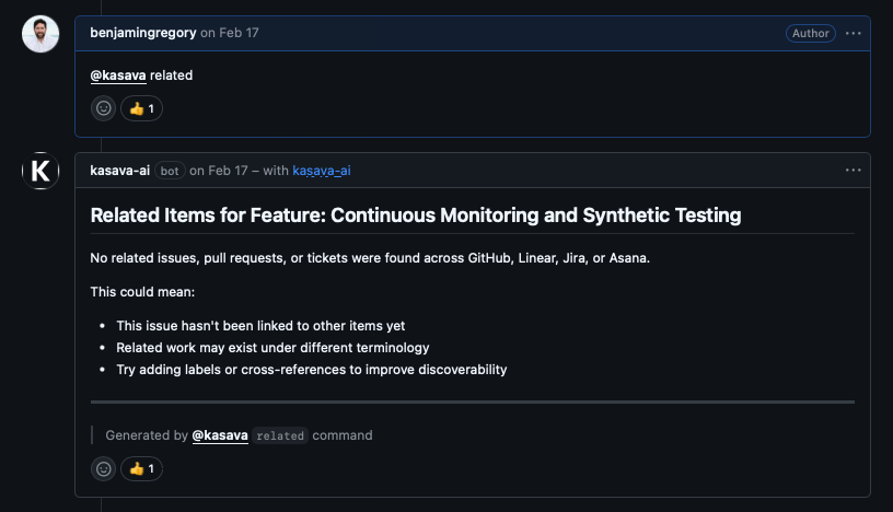 Kasava GitHub bot finding related items for a feature issue