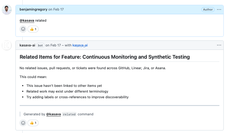 Kasava GitHub bot finding related items for a feature issue