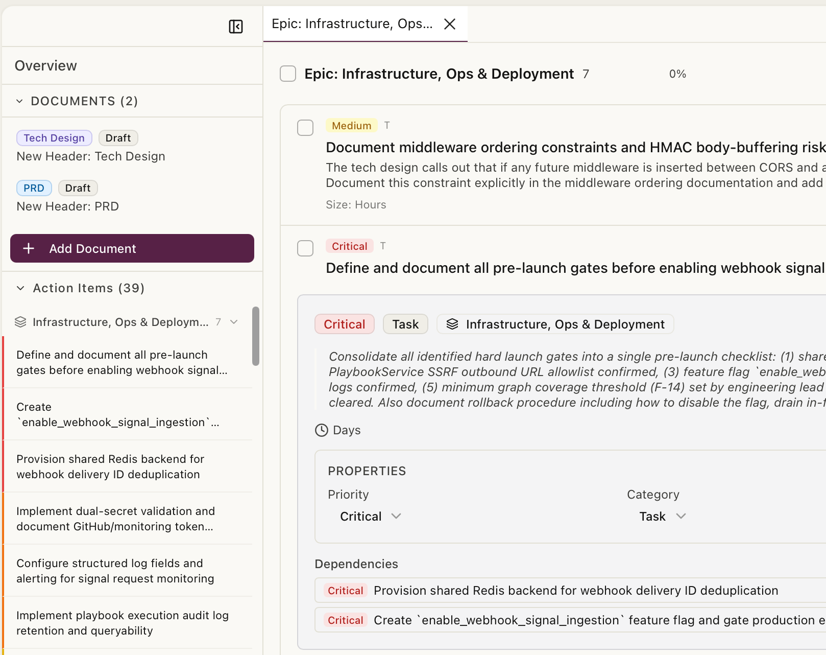 Kasava plan workspace with action items