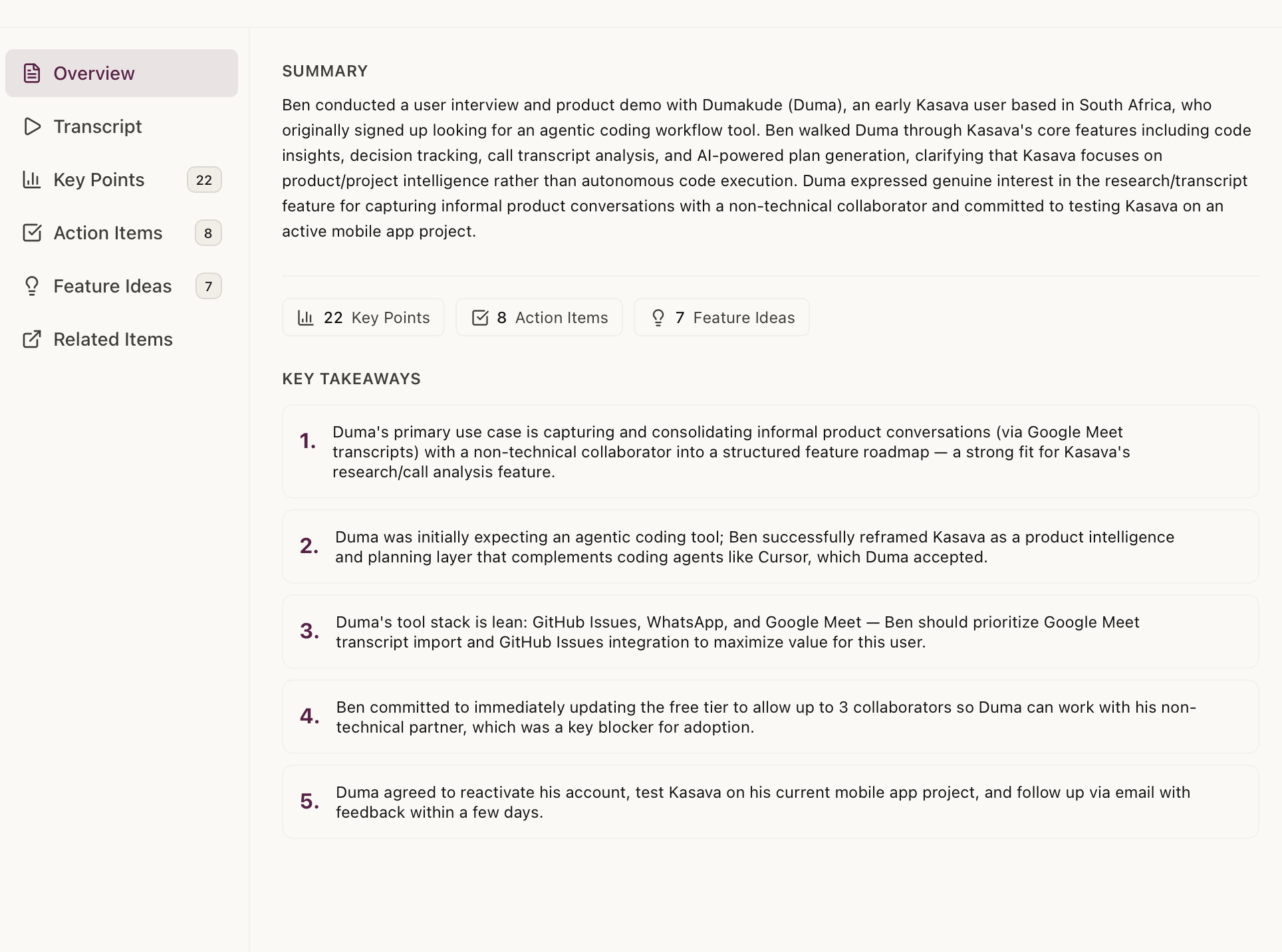 Kasava research overview with transcript summary