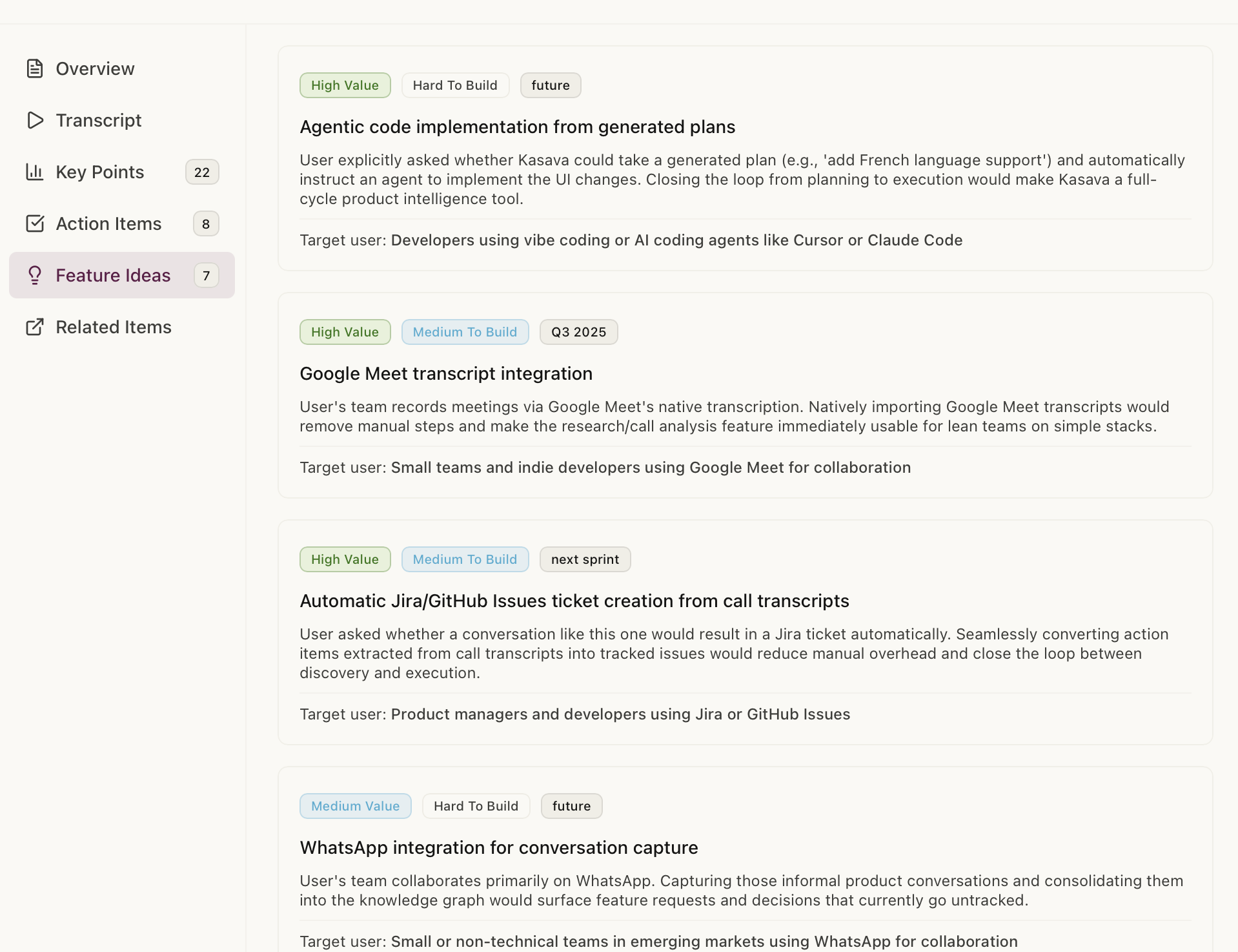 Kasava research feature ideas from transcript