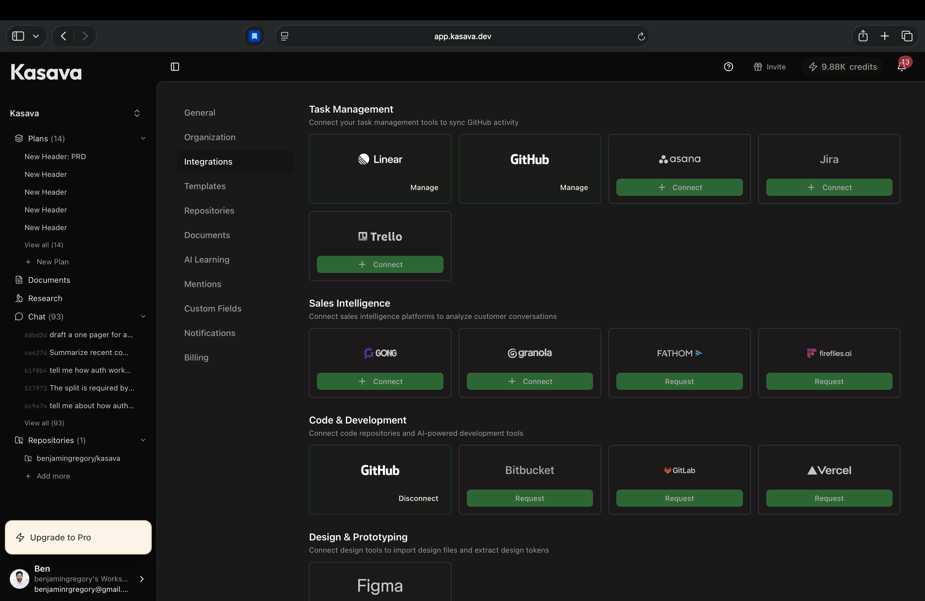 Kasava integrations settings showing connected tools