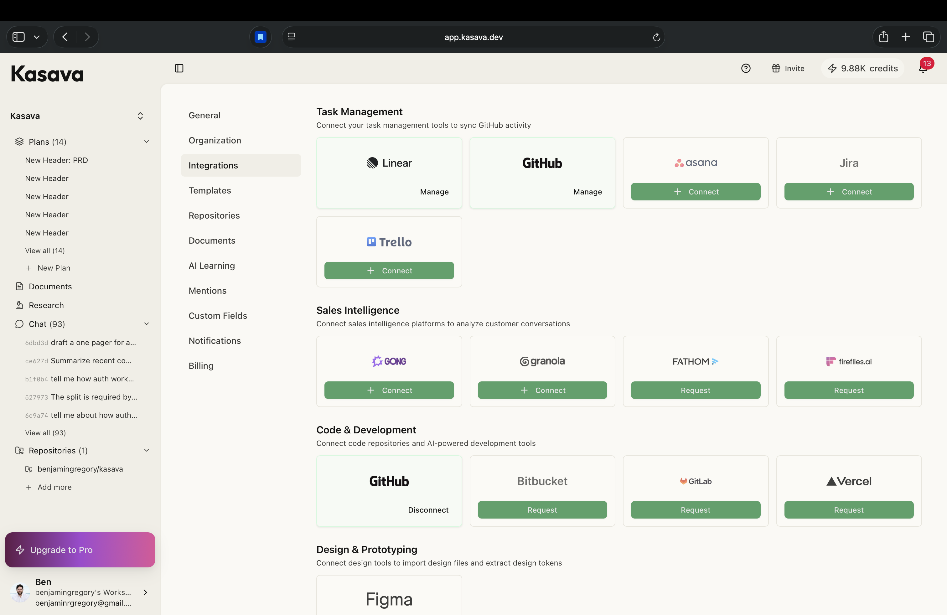 Kasava integrations settings showing connected tools