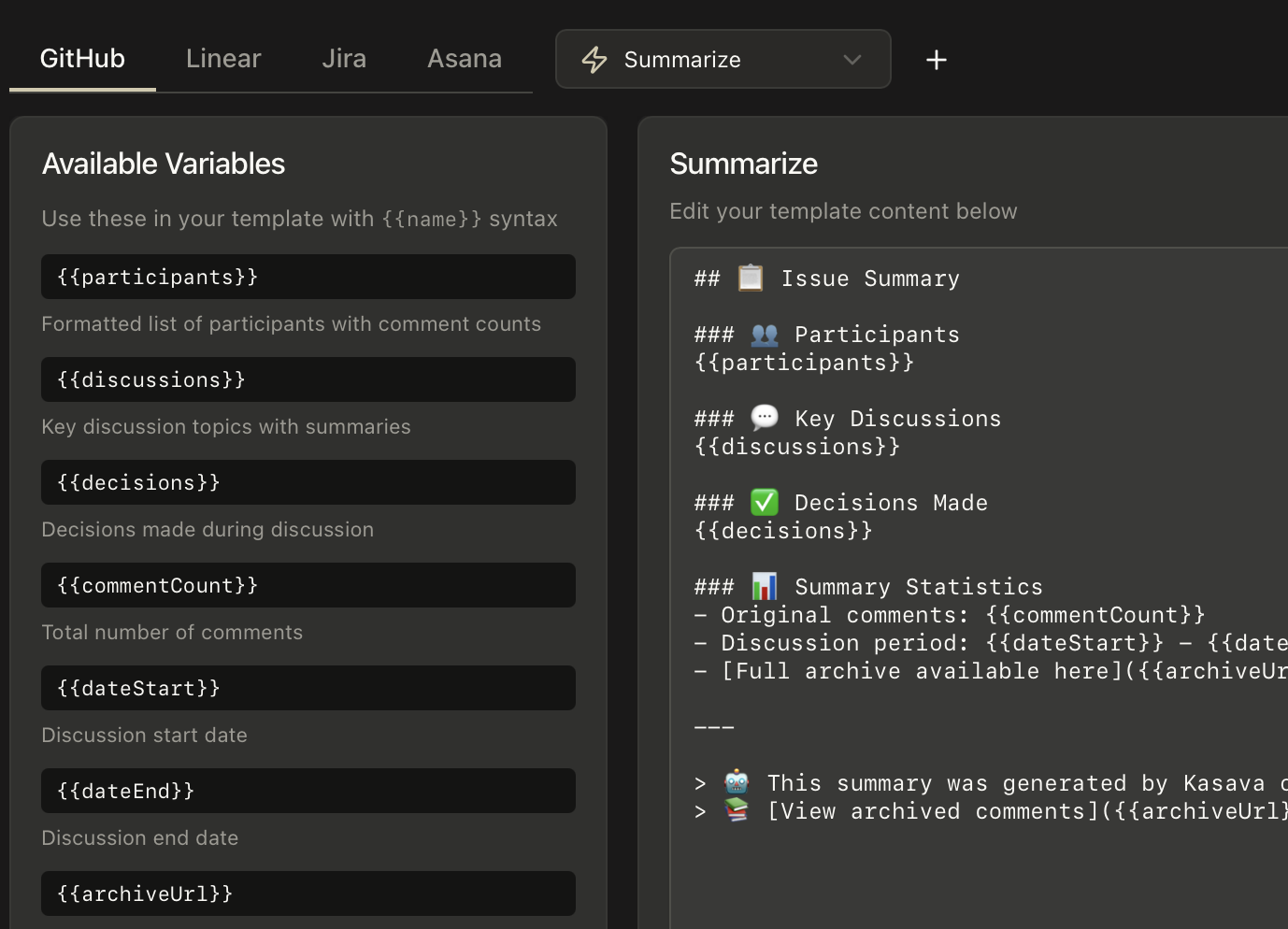 Kasava custom action templates for GitHub, Linear, Jira, and Asana