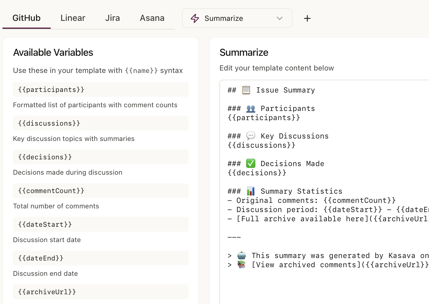Kasava custom action templates for GitHub, Linear, Jira, and Asana