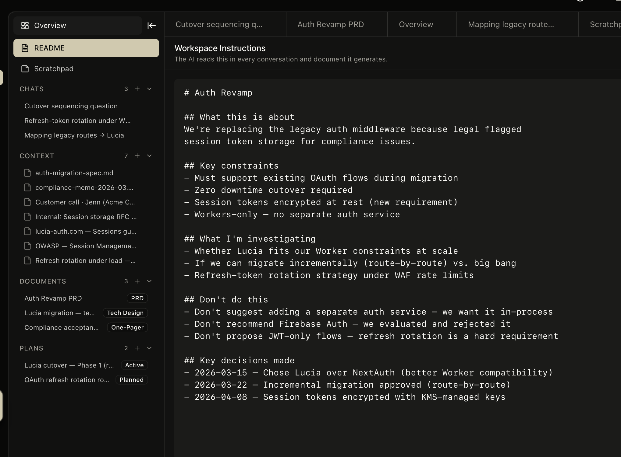 Kasava workspace README editor with instructions, constraints, and decisions