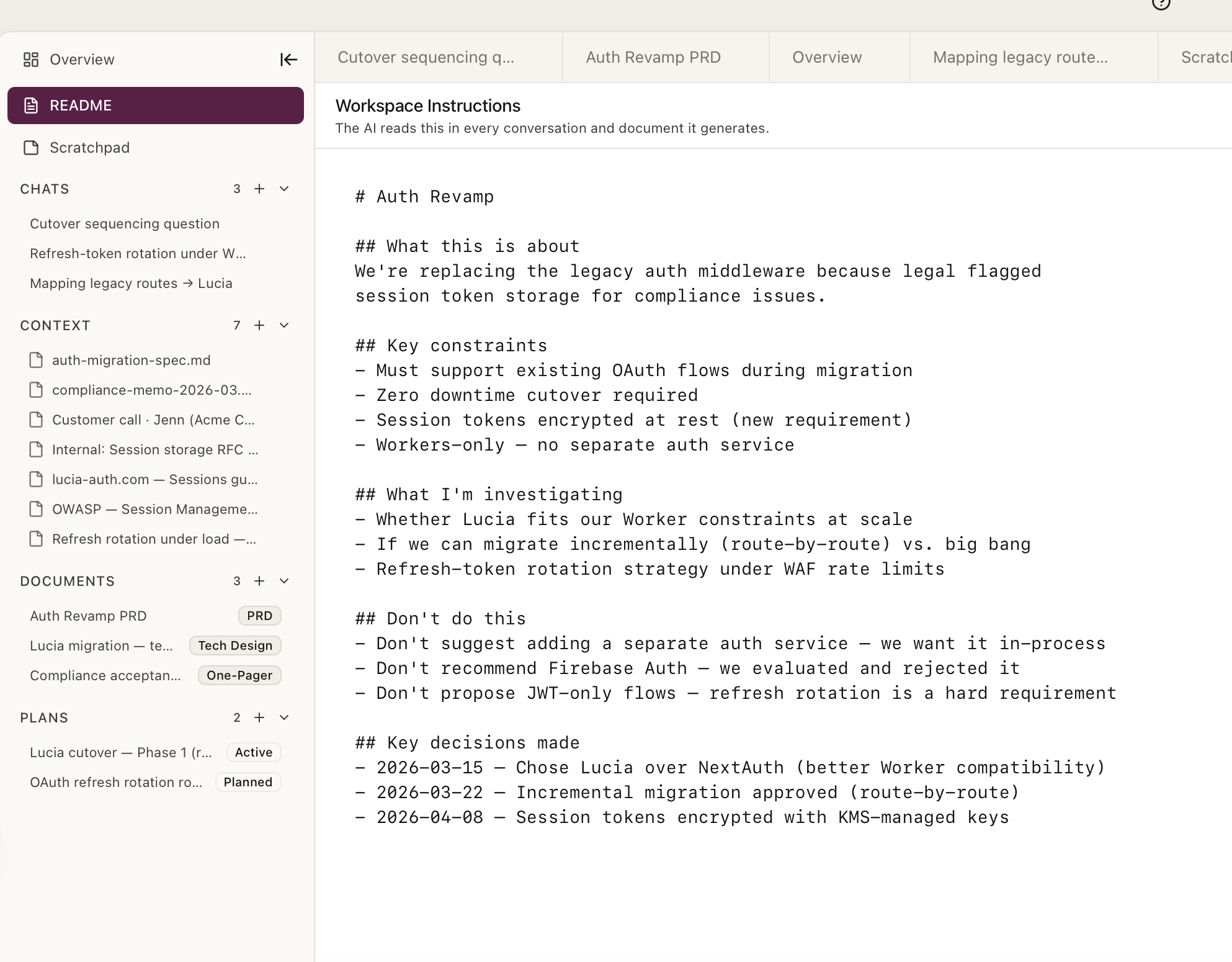 Kasava workspace README editor with instructions, constraints, and decisions